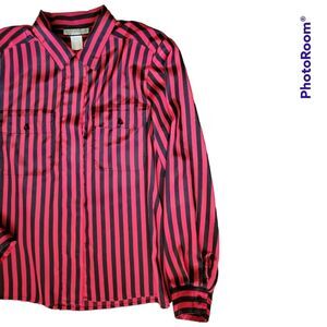 VINTAGE NOTATIONS RED & BLACK STRIPED BUTTONDOWN BLOUSE - 12